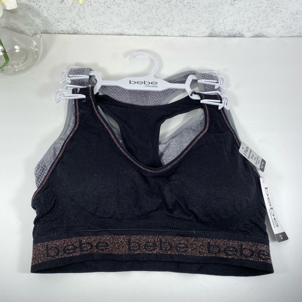 🆕 Bebe Black & Grey with Logo Trim Sports Bra Set - Picture 3 of 6